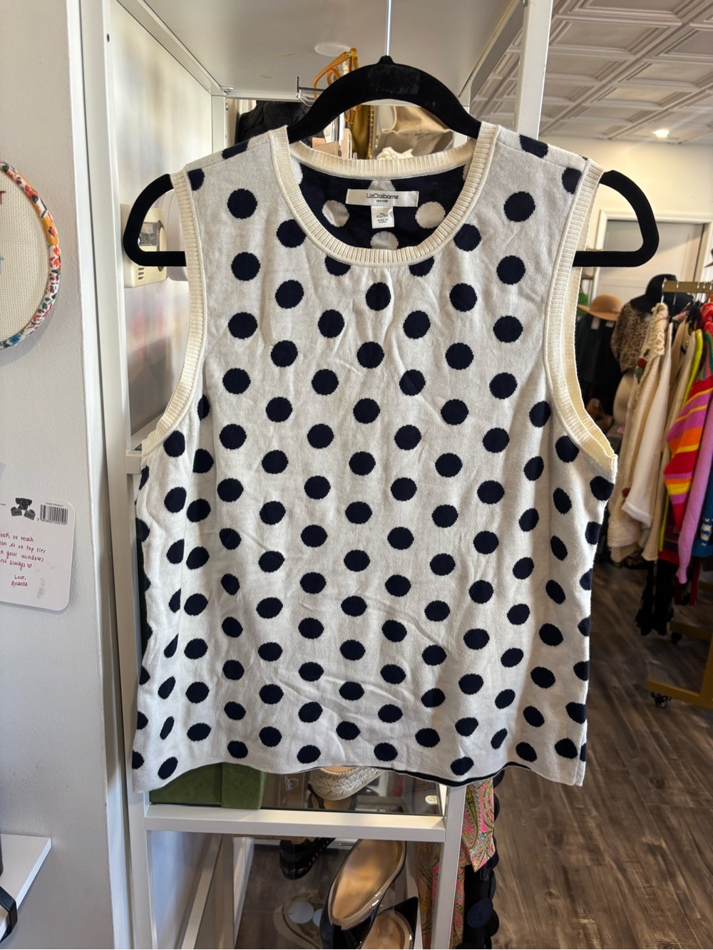 Liz Claiborne Cream Sleeveless Polka Dot Knit Tank - Navy Dots